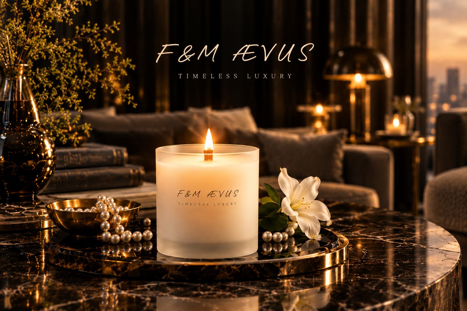 A frosted F&M ÆVUS candle burning on a black marble table, with pearls and a white lily